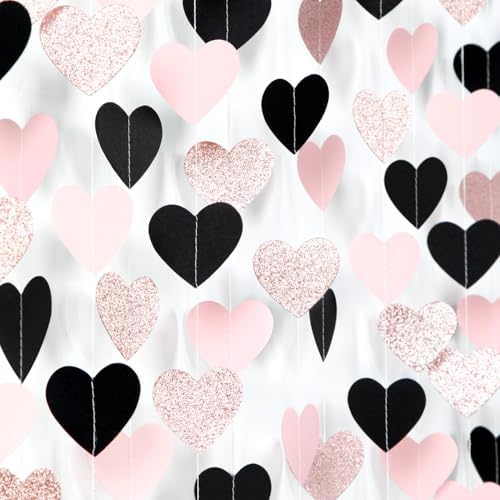 Rose-Gold Black-Pink Valentines Party-Decorations Heart-Garland - 52ft Glitter Galentines Hanging Streamers