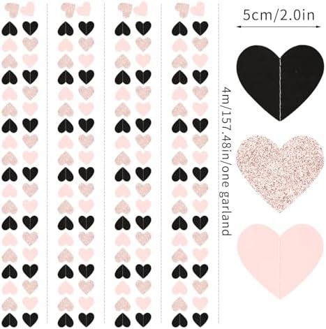 Rose-Gold Black-Pink Valentines Party-Decorations Heart-Garland - 52ft Glitter Galentines Hanging Streamers, alternate view 2