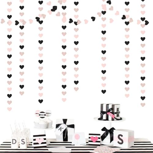 Rose-Gold Black-Pink Valentines Party-Decorations Heart-Garland - 52ft Glitter Galentines Hanging Streamers, alternate view 5
