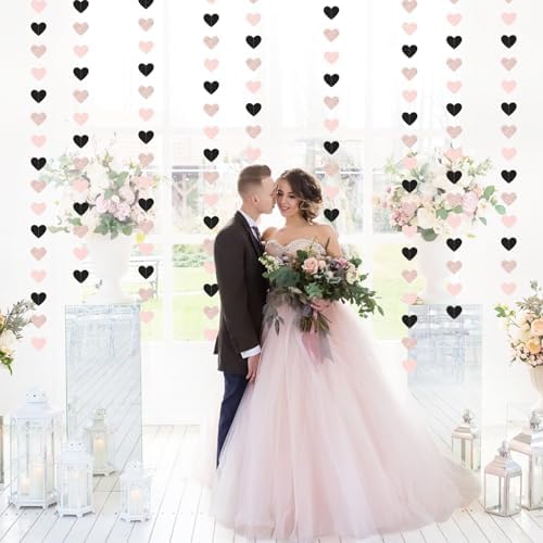 Rose-Gold Black-Pink Valentines Party-Decorations Heart-Garland - 52ft Glitter Galentines Hanging Streamers, alternate view 7