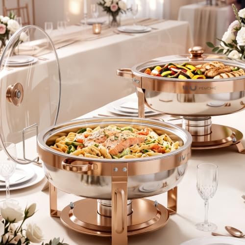 Rose Gold Chafing Dishes for Buffet 7QT, 2 Pack Stackable Round Chafer Set