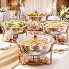 Rose Gold Chafing Dishes for Buffet 7QT, 4 Pack Stackable Round Chafer Set