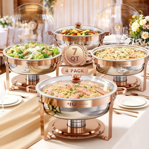 Rose Gold Chafing Dishes for Buffet 7QT, 4 Pack Stackable Round Chafer Set