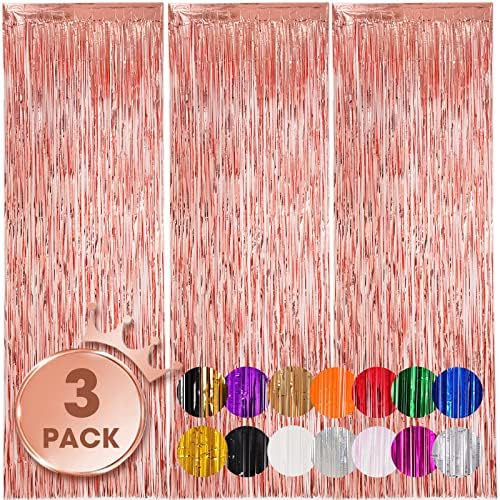Rose Gold Foil Fringe Backdrop Curtains, 3.3x8.2ft, 3 Pack in 39.6" × 98.4" in 18 Rose
