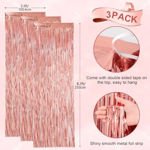 Rose Gold Foil Fringe Backdrop Curtains, 3.3x8.2ft, 3 Pack in 39.6" × 98.4" in 18 Rose, alternate view 3
