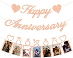 Rose Gold Happy Anniversary Party Decorations - Banner and Photo Banner for Wedding Party Decor in Rose Gold