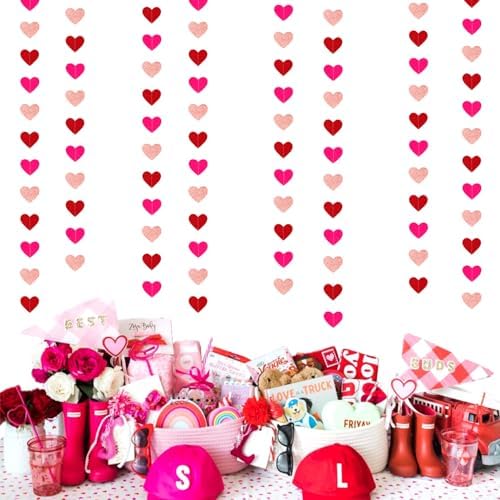 Rose-Gold Red Valentines Party-Decorations Heart-Garland - 52ft Galentines Glitter Streamers Banner, Women, alternate view 5