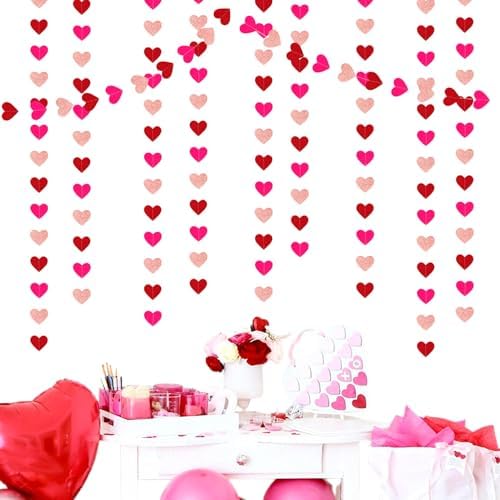 Rose-Gold Red Valentines Party-Decorations Heart-Garland - 52ft Galentines Glitter Streamers Banner, Women, alternate view 6