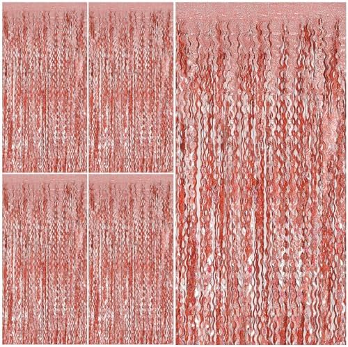 Rose Gold Tinsel Foil Fringe Curtains Wavy Backdrop for Parties Sparkle Metallic Wavy Foil Fringe Backdrop