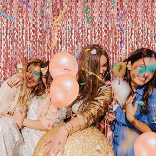 Rose Gold Tinsel Foil Fringe Curtains Wavy Backdrop for Parties Sparkle Metallic Wavy Foil Fringe Backdrop, alternate view 7
