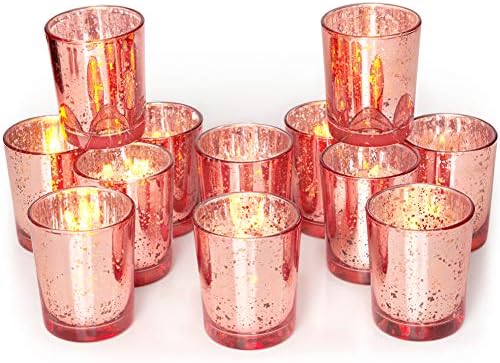 Rose Gold Votive Candle Holders Bulk, Mercury Glass Votives 12 Pack in Rose Gold
