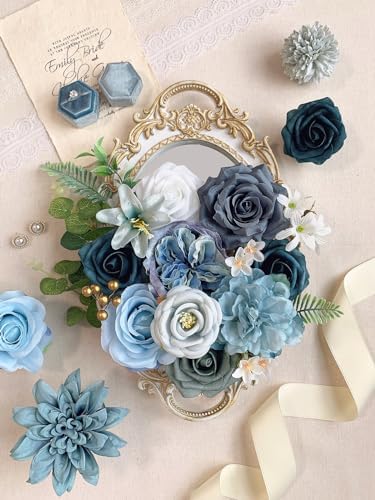 Roses Artificial Flowers Blue Bouquet Fake Flower Bulk with Stems in E (Blue, Navy Artificial Flowers), alternate view 3