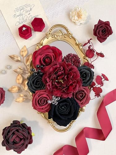 Roses Artificial Flowers Burgundy Black Fake Flower Bulk with Stems in Burgundy, Black, Red, alternate view 3
