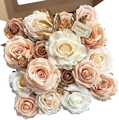 Roses Artificial Flowers Champagne Nude Bouquet with Stems Box Set in Pastel Peach, Beige