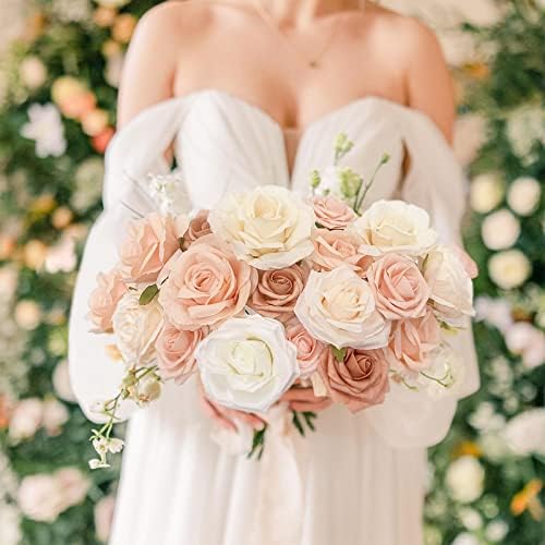 Roses Artificial Flowers Champagne Nude Bouquet with Stems Box Set in Pastel Peach, Beige, alternate view 2