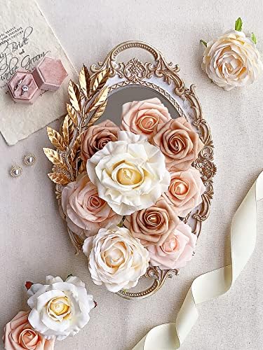 Roses Artificial Flowers Champagne Nude Bouquet with Stems Box Set in Pastel Peach, Beige, alternate view 4