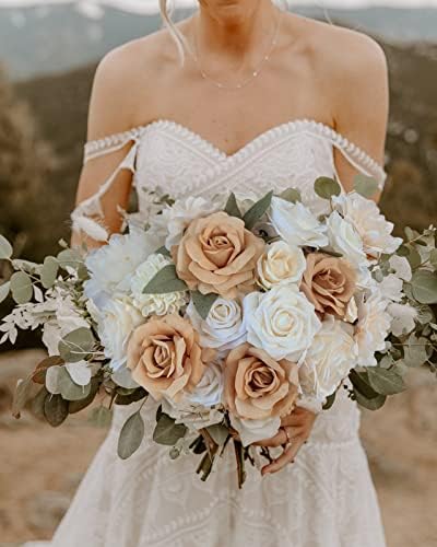 Roses Artificial Flowers Nude Bouquet Box Set Fake Flower with Stem in Nude, Beige, White, alternate view 2