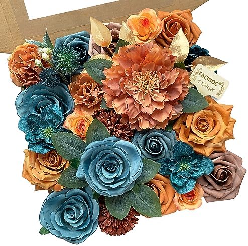 Roses Artificial Flowers Teal Orange Bouquet Fall Fake Flower Combo in S (Orange, Teal)