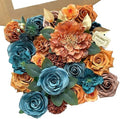 Roses Artificial Flowers Teal Orange Bouquet Fall Fake Flower Combo in S (Orange, Teal)