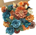 Roses Artificial Flowers Teal Orange Bouquet Fall Fake Flower Combo in S (Orange, Teal)