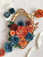 Roses Artificial Flowers Teal Orange Bouquet Fall Fake Flower Combo in S (Orange, Teal), alternate view 2