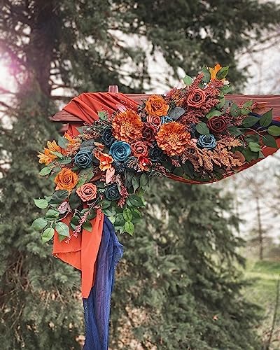 Roses Artificial Flowers Teal Orange Bouquet Fall Fake Flower Combo in S (Orange, Teal), alternate view 4