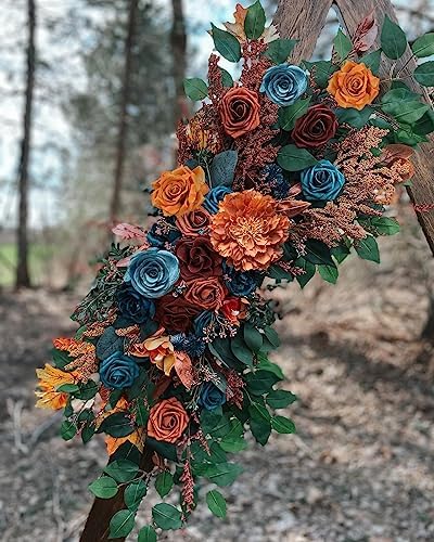 Roses Artificial Flowers Teal Orange Bouquet Fall Fake Flower Combo in S (Orange, Teal), alternate view 5
