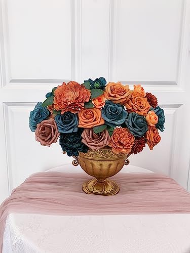 Roses Artificial Flowers Teal Orange Bouquet Fall Fake Flower Combo in S (Orange, Teal), alternate view 6
