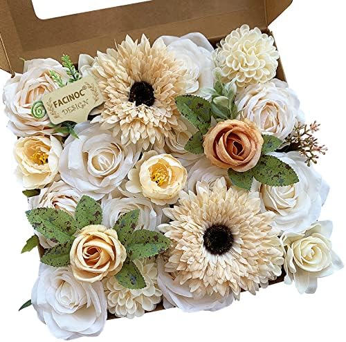 Roses Artificial Flowers White Combo Box Set Fake Flower with Stems in X(white, Beige, Champagne)