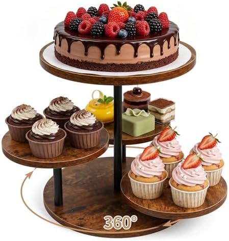 Rotatable Cupcake Stand, 4 Tier Cupcake Tower Stands for 50 Cupcakes, 360° Rotating Wood Cake Stand with Tiered