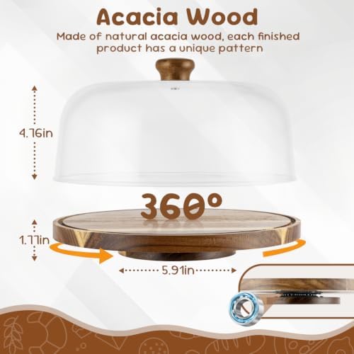 Rotating Acacia Wood Cake Stand with Lid, 2-in-1 Dessert Table Display Set & Charcuterie Board with 12In Acrylic, alternate