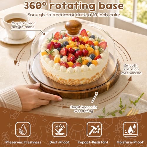 Rotating Acacia Wood Cake Stand with Lid, 2-in-1 Dessert Table Display Set & Charcuterie Board with 12In Acrylic, alternate
