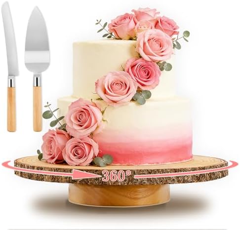 Rotating Cake Stand,12" Rustic Wood Cake Stand with Cake Cutting Set, Rustic Cake Holder for