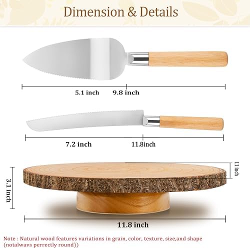 Rotating Cake Stand,12" Rustic Wood Cake Stand with Cake Cutting Set, Rustic Cake Holder for, alternate view 3