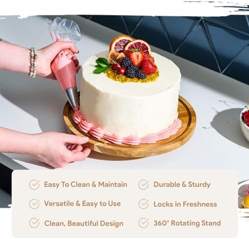 Rotating Cake Stand With Lid - 12 Inch Round Cake Holder with Cover, 4” Tall, Acacia Wood Spinning Cake, alternate view 3