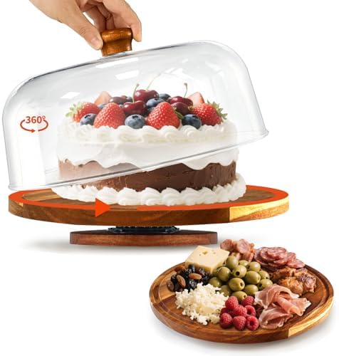 Rotating-Wood-Cake-Stand With Acrylic Dome Lid, Round Wooden Cake Holder Plate With Cover, 2-in-1 Dessert Table
