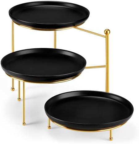 Round 3 Tier Serving Tray, 10 Inch Black Porcelain Dessert Stand in Black Gold