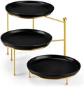 Round 3 Tier Serving Tray, 10 Inch Black Porcelain Dessert Stand in Black Gold