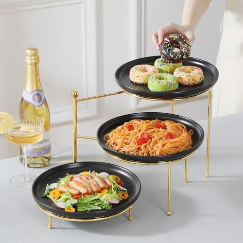 Round 3 Tier Serving Tray, 10 Inch Black Porcelain Dessert Stand in Black Gold, alternate view 2