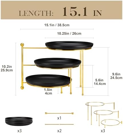 Round 3 Tier Serving Tray, 10 Inch Black Porcelain Dessert Stand in Black Gold, alternate view 3