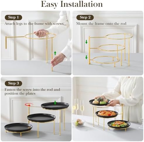 Round 3 Tier Serving Tray, 10 Inch Black Porcelain Dessert Stand in Black Gold, alternate view 4