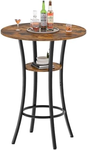 Round Bar Table, 2-Tier High Top & Counter Height Dining Table, for Bistro, Pub, Kitchen, Living Room, Rustic