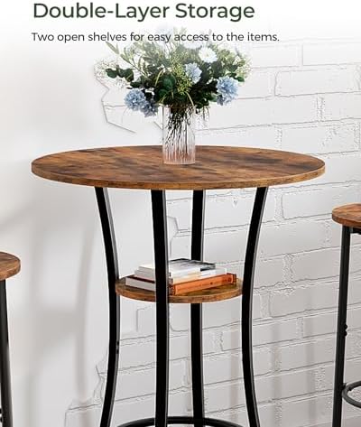Round Bar Table, 2-Tier High Top & Counter Height Dining Table, for Bistro, Pub, Kitchen, Living Room, Rustic, alternate view