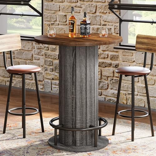 Round Bar Table, 39.4" H Wood Bistro Pub Table with Metal Ring Footrest for Dining Coffee Cocktail Living Room, alternate