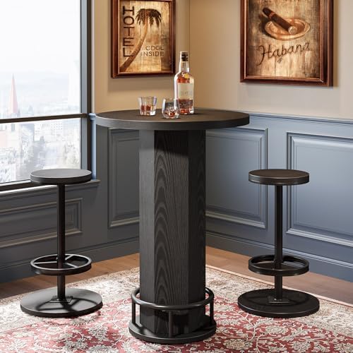 Round Bar Table with Chairs, Industrial Bistro Sets with 2 barstools, Pub Cocktail Table with Metal Ring