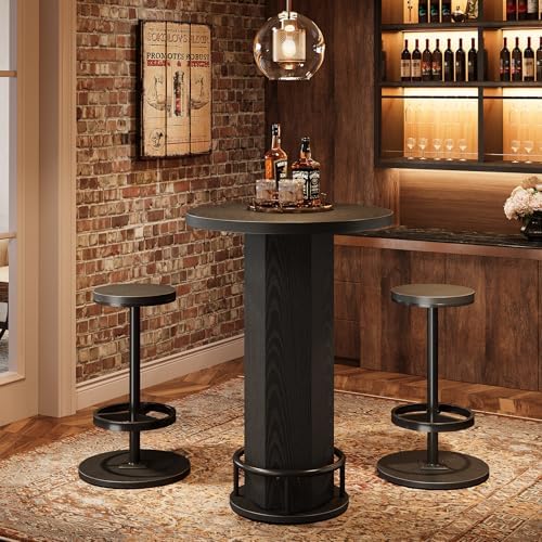 Round Bar Table with Chairs, Industrial Bistro Sets with 2 barstools, Pub Cocktail Table with Metal Ring, alternate view 3