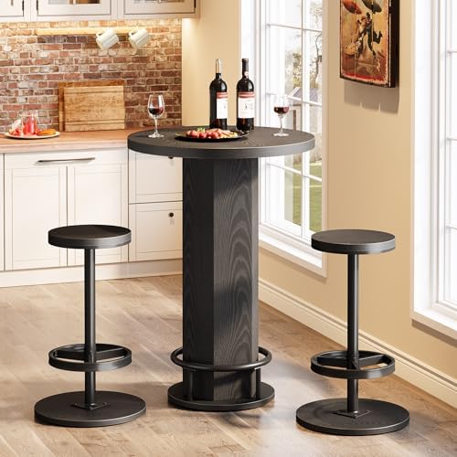 Round Bar Table with Chairs, Industrial Bistro Sets with 2 barstools, Pub Cocktail Table with Metal Ring, alternate view 4