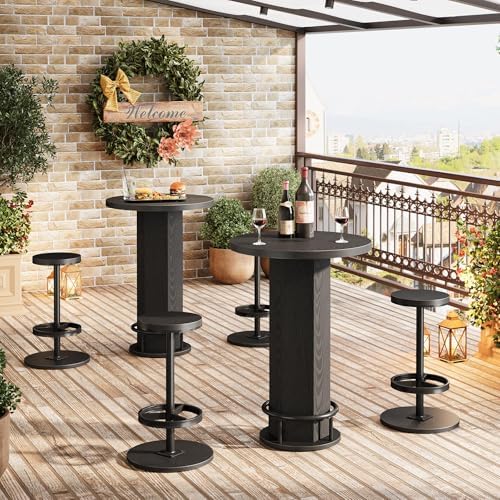 Round Bar Table with Chairs, Industrial Bistro Sets with 2 barstools, Pub Cocktail Table with Metal Ring, alternate view 6