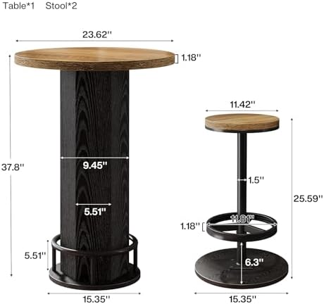 Round Bar Table with Chairs Set of 2, Industrial Bistro Sets with 2 barstools, Pub Cocktail Table with Metal, alternate view