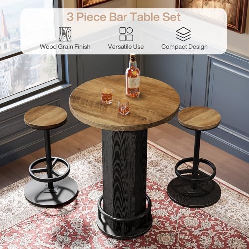 Round Bar Table with Chairs Set of 2, Industrial Bistro Sets with 2 barstools, Pub Cocktail Table with Metal, alternate view